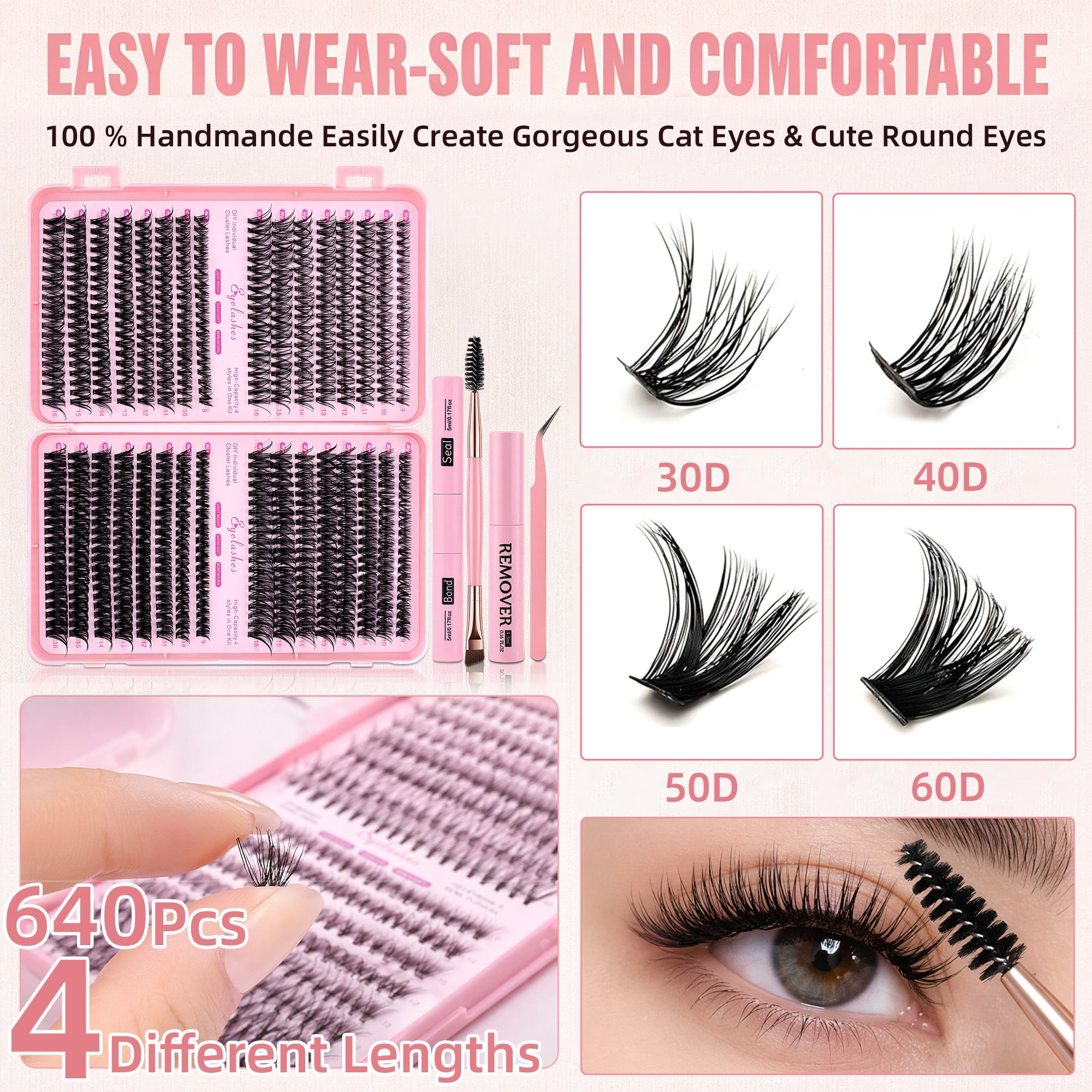 Lash Clusters Kit, 640pcs Individual Eyelash Extension Kit 30D/40D/50D/60D, 9-16mm Mixed Lengths, DIY False Eyelashes