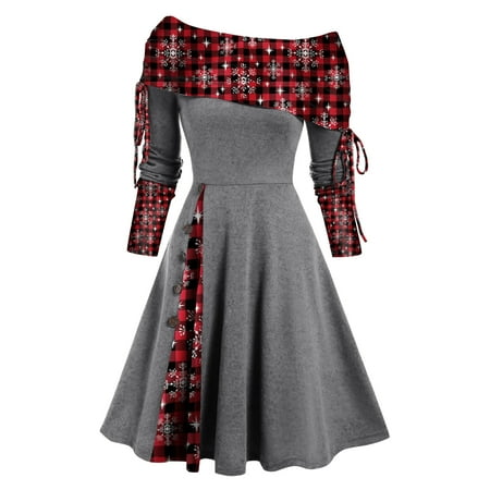 

Womens Plaid Long Sleeve Dresses Christmas Off Shoulder Midi Dress Winter Festival Holiday Party Mrs Claus Gown