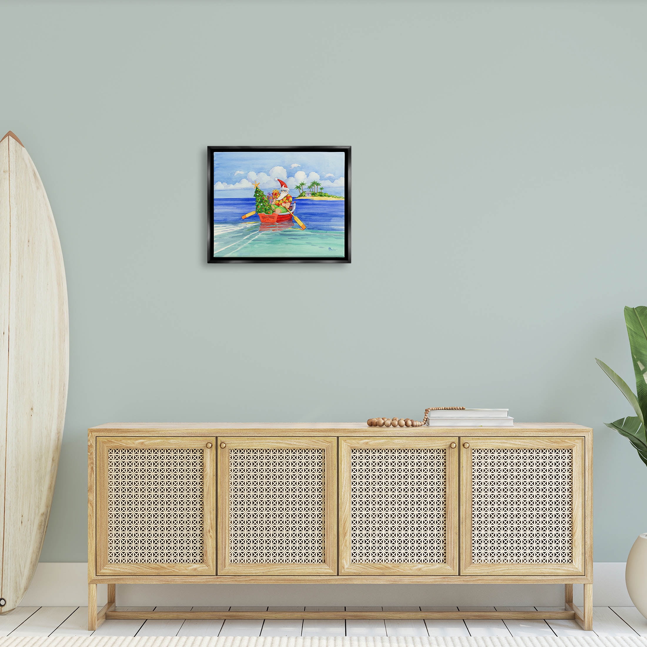 Stupell Industries Santa's Delivery Tropical Christmas Boat Painting Jet Black Floating Framed Canvas Print Wall Art, Design by Paul Brent