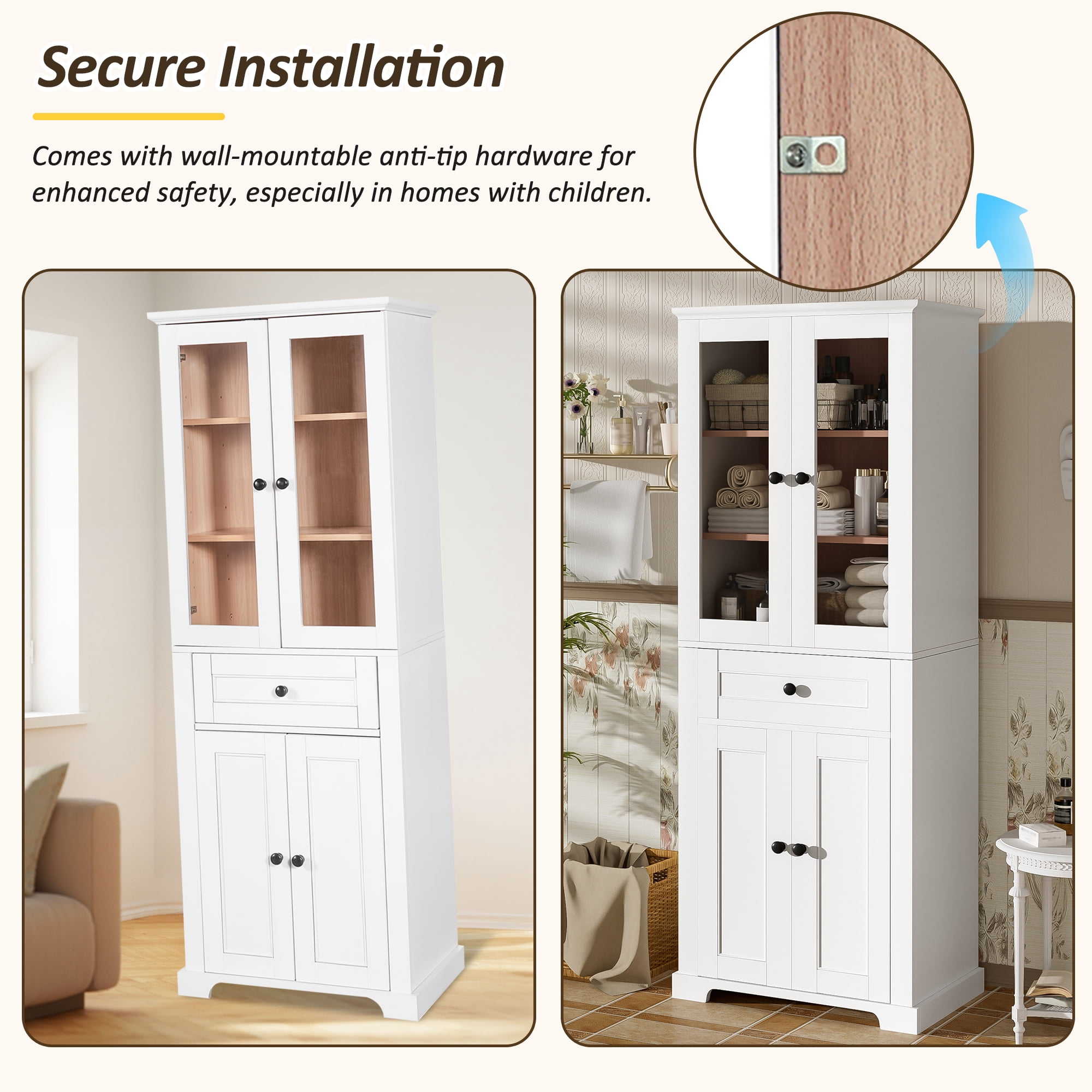 Tall Bathroom Storage Cabinet with 4 Tempered Glass Doors, Adjustable Shelves, Soft Close Drawer and Anti-Tip Kit, Freestanding Linen Tower, 67.2 Inch in White