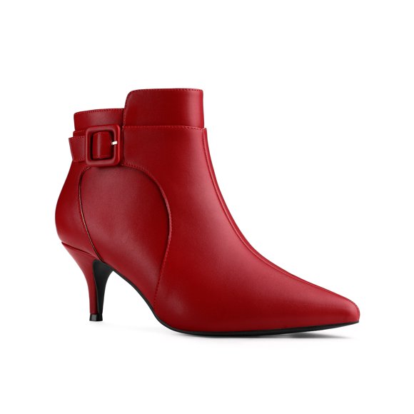 Allegra K Women's Pointy Toe Zipper Buckle Decor Kitten Heels Ankle Boots Red (Size 8)