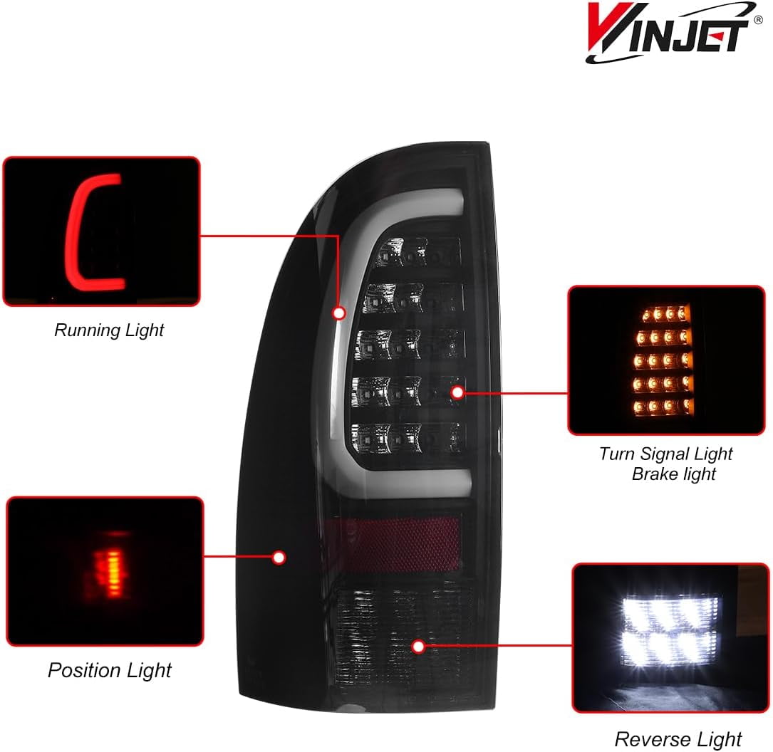 Winjet LED Tail Light Assembly For 2005-2015 Toyota Tacoma,Full Led Taillight Replacement w/Yellow Turn Signal Light/Running Light/Brake Light/Reverse Light - SMOKED LENS
