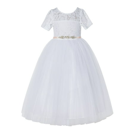 

White Floral Lace Tulle Flower Girl Dresses Christening Gown LG2R4