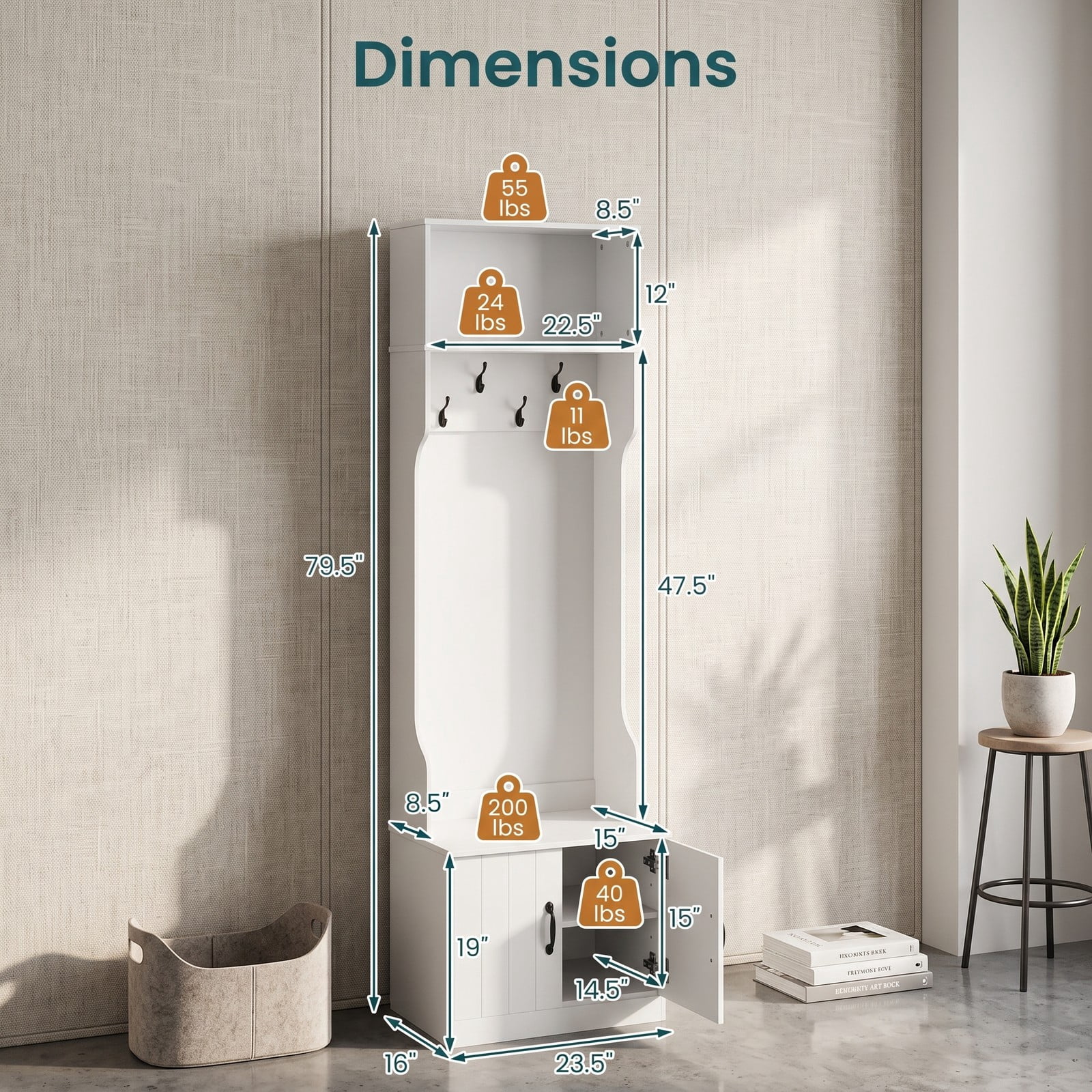 Furnibear 3 in 1 Hall Tree with Bench Shoe Cabinet and 4 Double Hooks 23.5 Inch Wide Mudroom Storage for Entryway, White