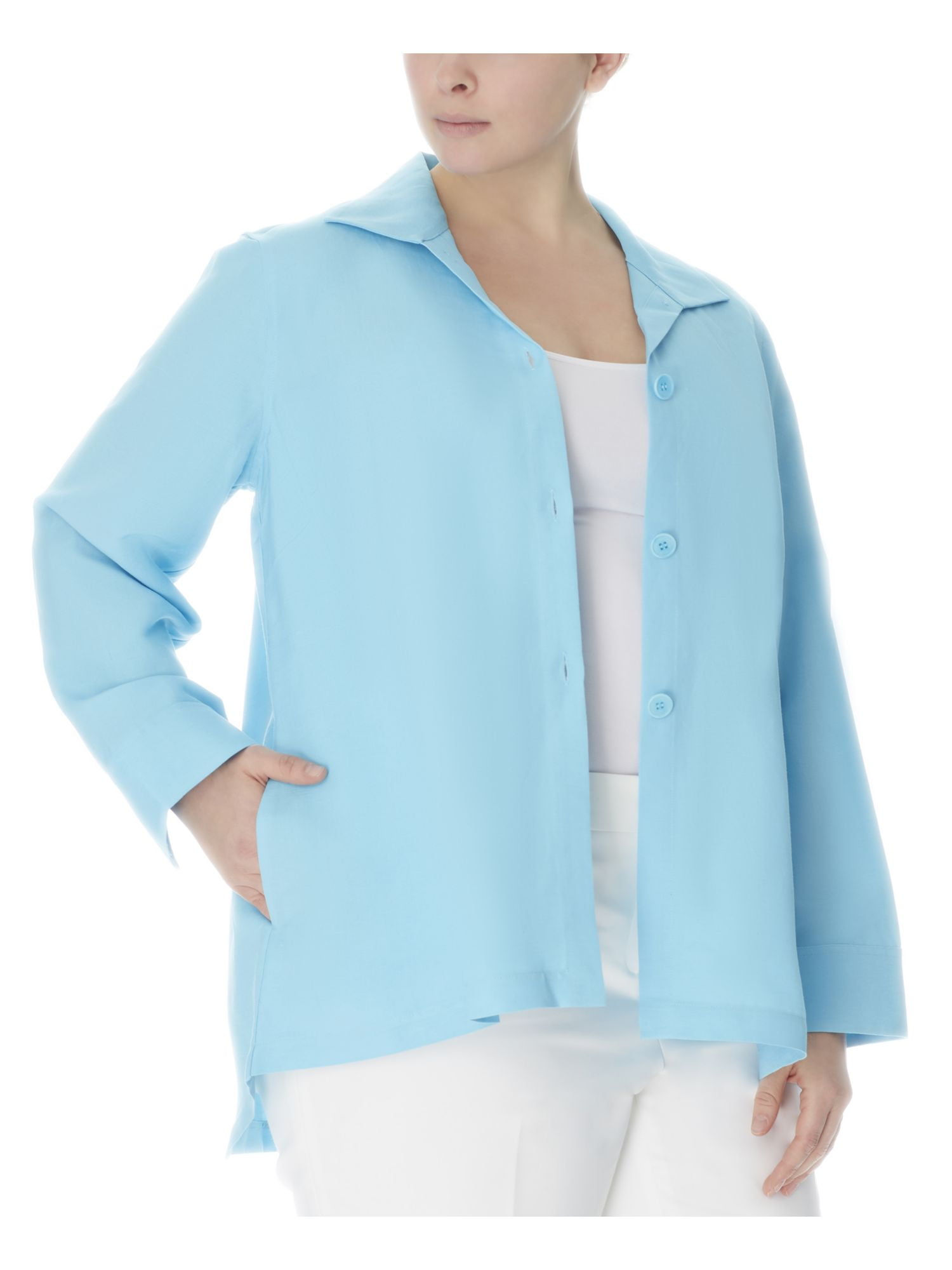ANNE KLEIN Womens Aqua Pocketed Point Collar Button Down Jacket Plus 1X