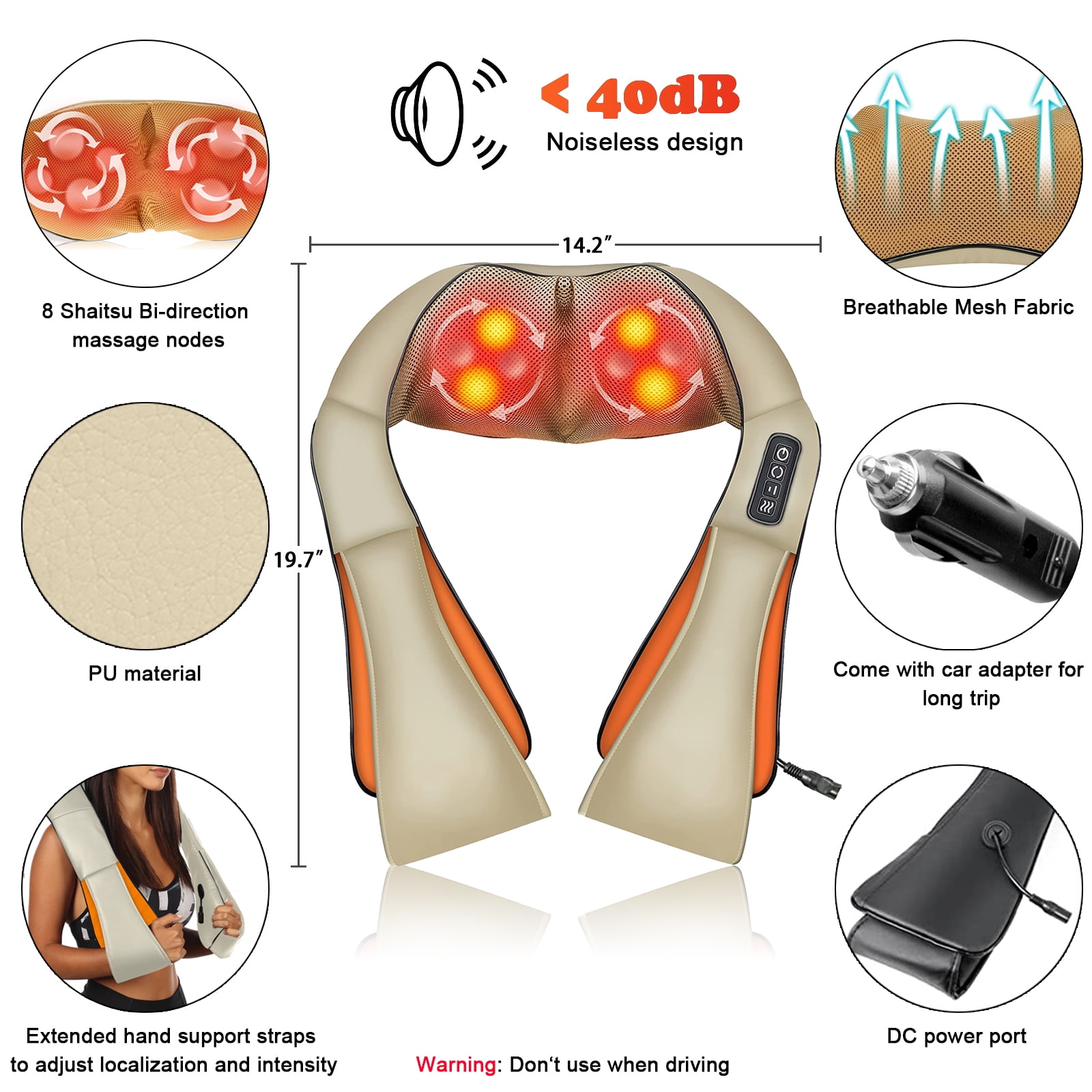 Ovente Shiatsu Neck and Back Massager with Variable Massage Speeds and Heat  Function, 8 Deep-Kneading Node with Selectable Node Directions, Perfect
