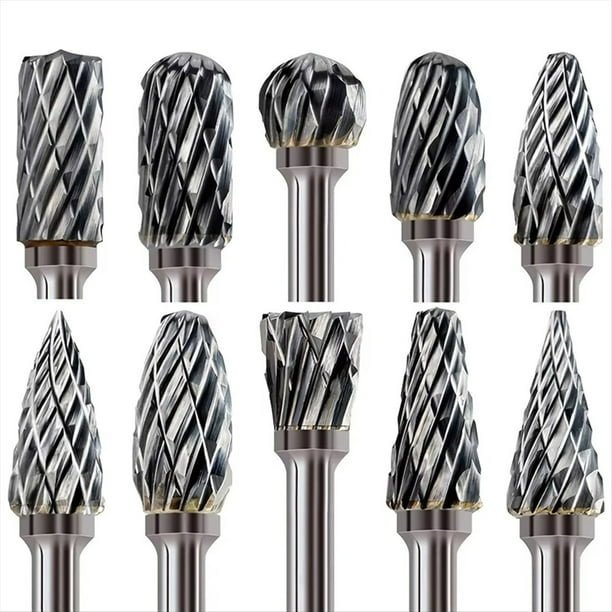 Juego de 10 Brocas de Carburo de Tungsteno para Desbarbado y Pulido de Precisión. Doble Corte, Compatible con Herramientas Rotativas.