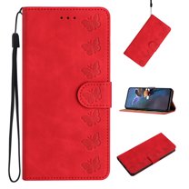 Feishell Case for Samsung Galaxy A23 5G Wallet Case, Butterflies Pattern PU Leather Strap Flip Protective Phone Cover with Card Slots Holder Kickstand Magnetic Clasp, Red