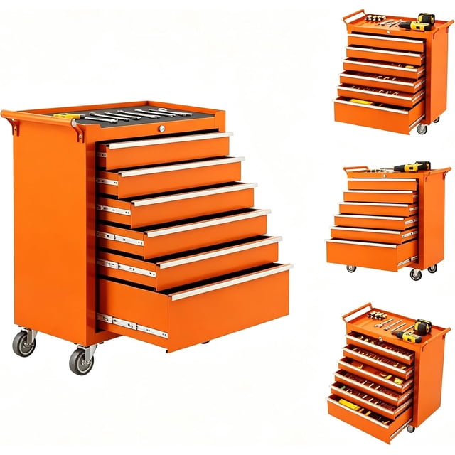 6-Drawer Rolling Tool Cabinet with Lock Drawer Liners and Side Handle Mobile Toolbox for Garage Workshop DIY Orange
