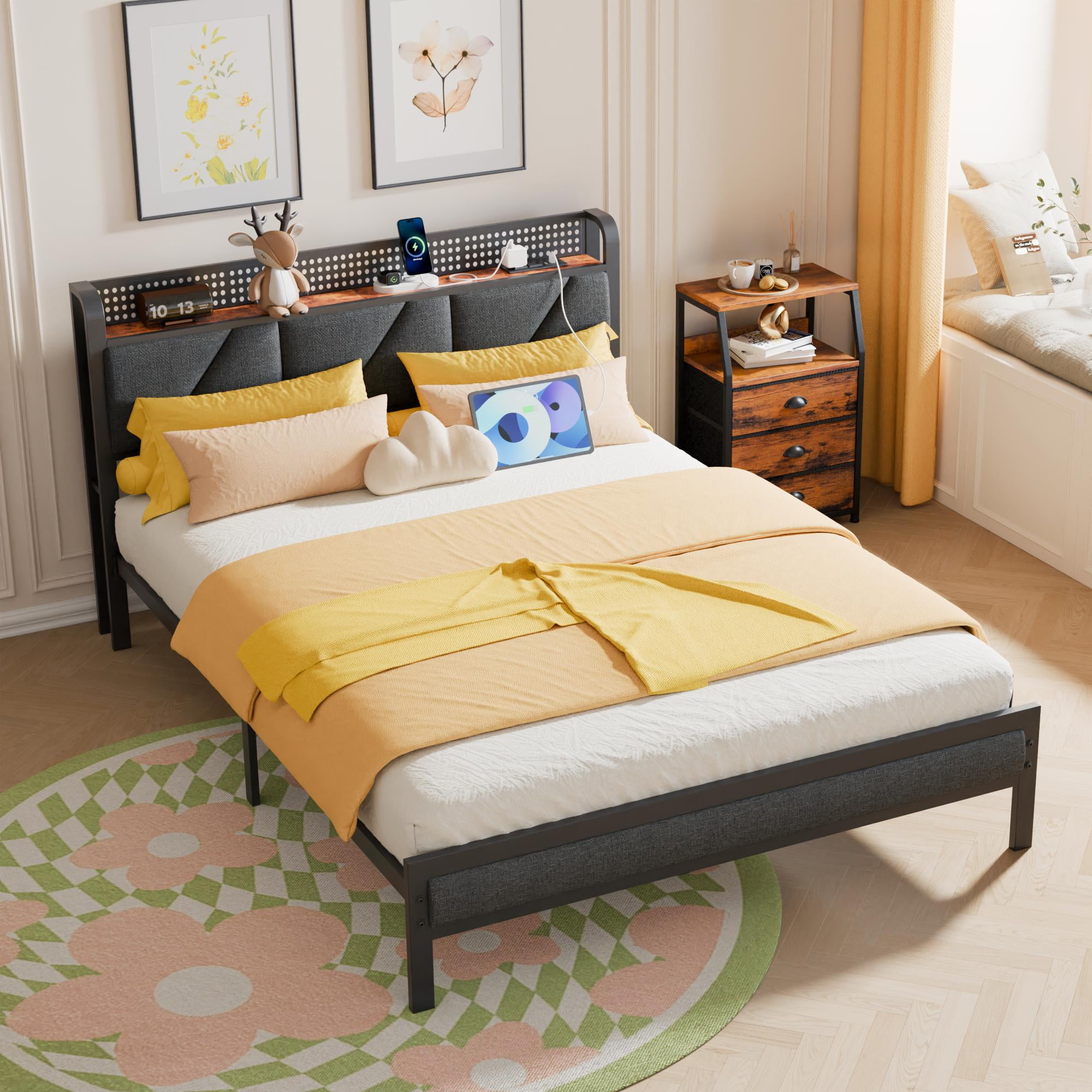 Tydimor Queen Size Metal Smart Bed Frames with Upholstered Headboard, LED Lights, USB Ports and Outlets, Storage Shelves & Underbed