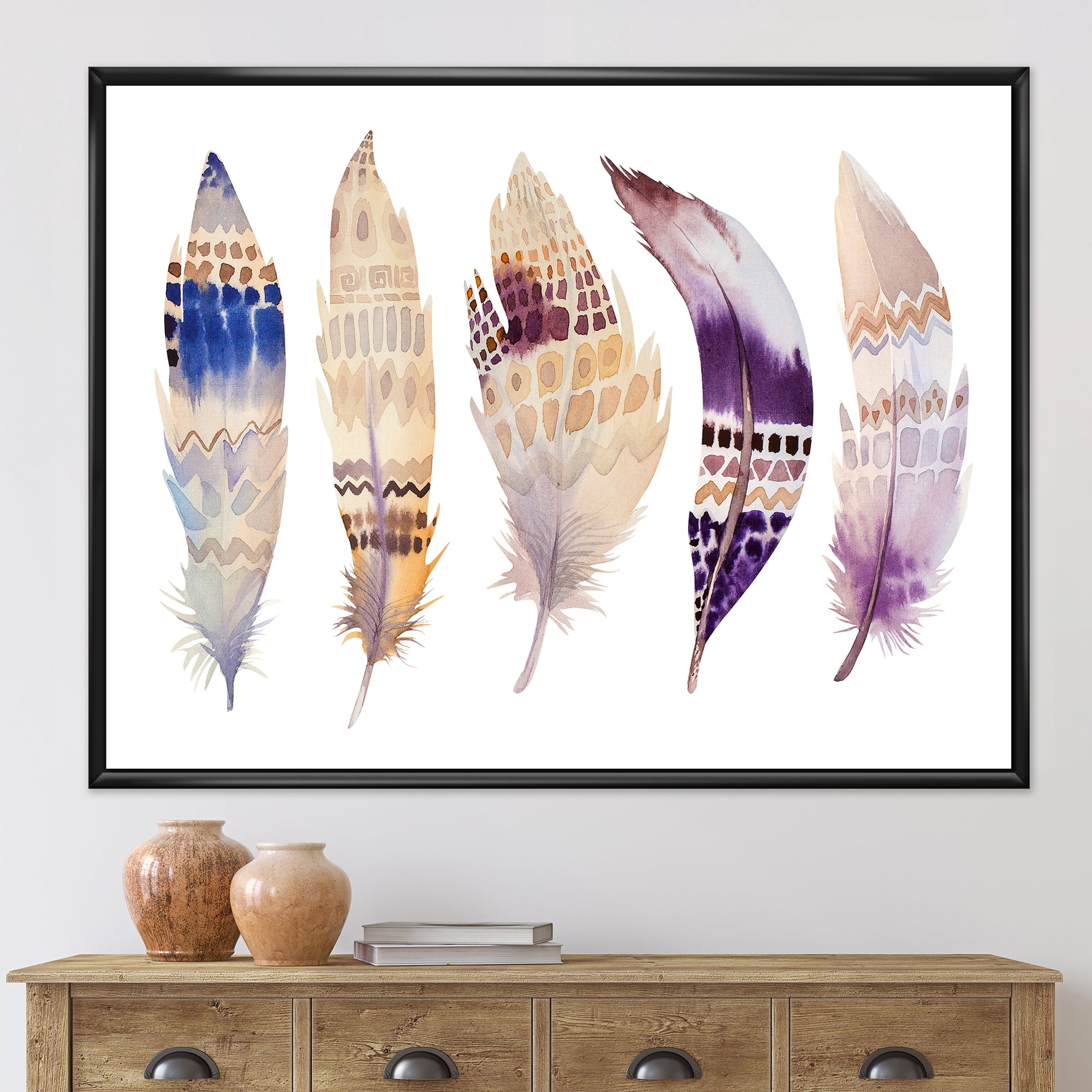 Designart 'Ethnic Purple Boho Art Feathers' Bohemian & Eclectic Framed Canvas Wall Art Print