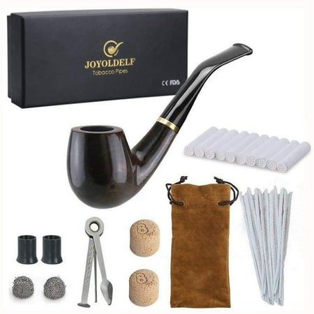 Joyoldelf Wooden Tobacco Smoking Pipe, Pear Wood Pipe with Pipe Cleaners, 9 mm Pipe Filters, 3-in-1 Pipe Scraper, Pipe Bits, Metal Balls, Cork Knockers, Bonus a Pipe Pouch with Gift