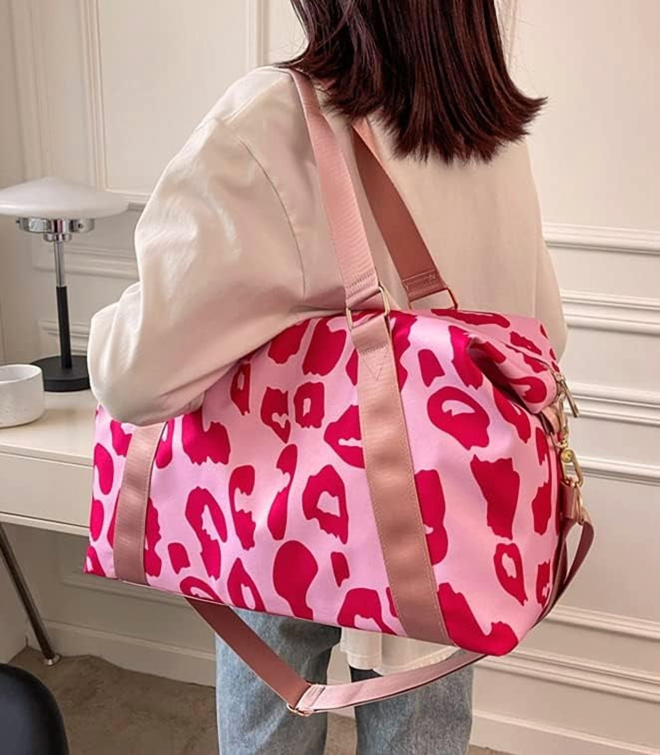 Cow Print Travel Duffle Bags for Womens, Pink Leopard Sports Tote Gym Bag,Carry on Overnight Workout Bag with Trolley Sleeve Wet Pocket Beach Yoga, Cow, Animal Sport Travel