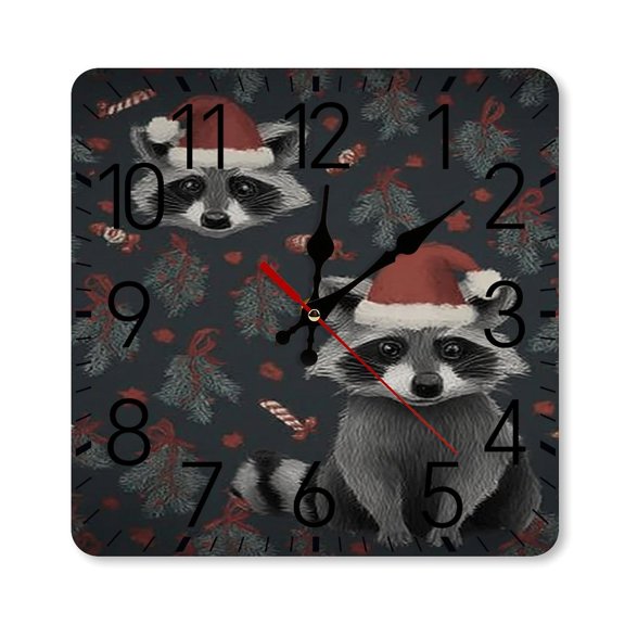 RKSupls 10×10inch Square Silent Wall Clock Wooden Frame, Raccoon Christmas Santa Pattern Scale Decorative Clock for Home Bedroom Living Room Office