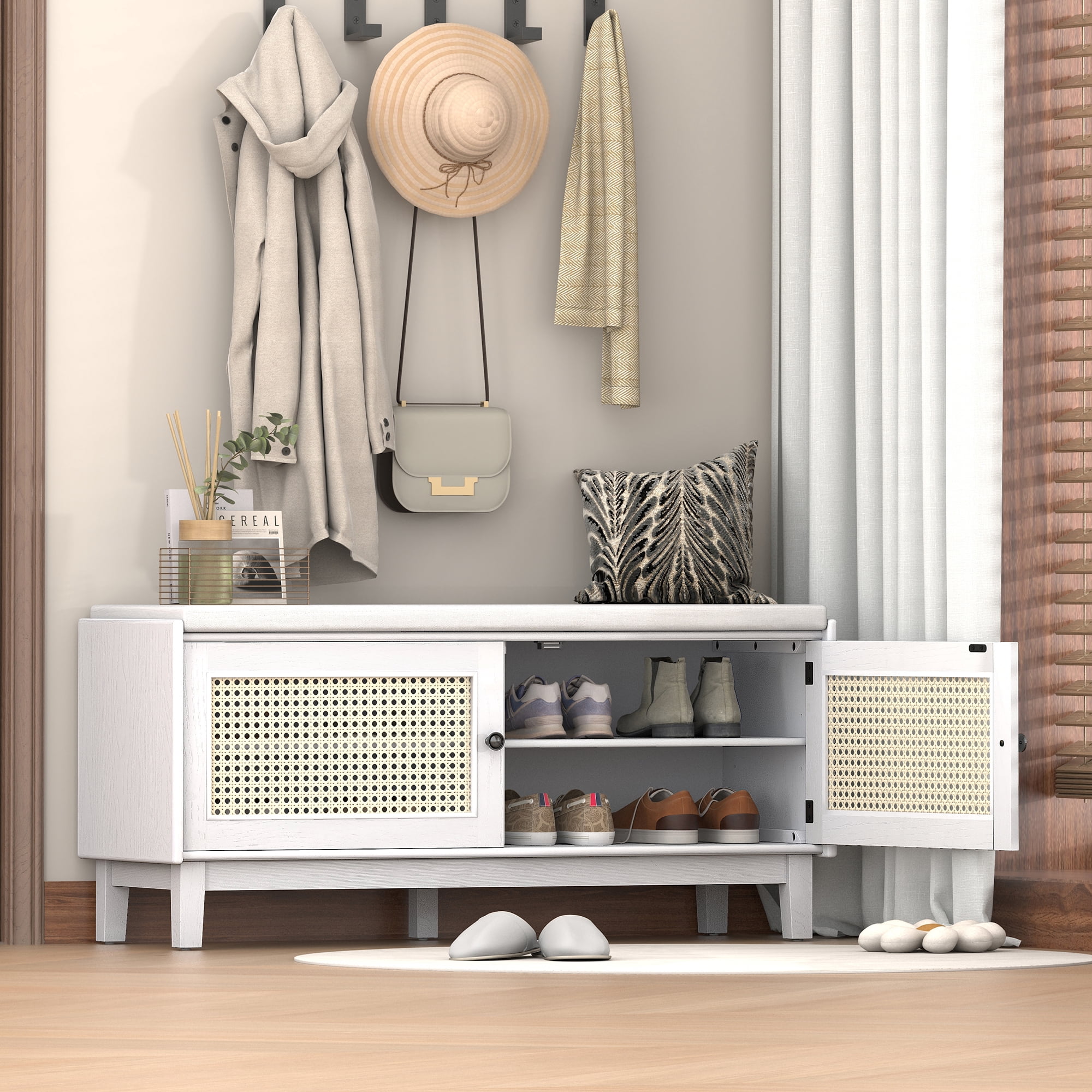 Euroco Boho Rattan Entryway Bench with Storage, Cushioned Shoe Bench with Double Doors, Wooden Shoe Organizer Bench for Entryway and Hallway (White+Beige )