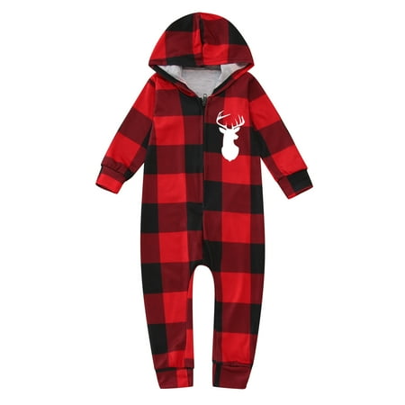 

Leutsin Parent-child Attire Christmas Suits Plaid Printed Homewear Hooded Zipper Long Sleeve Pajamas Baby Jumpsuits