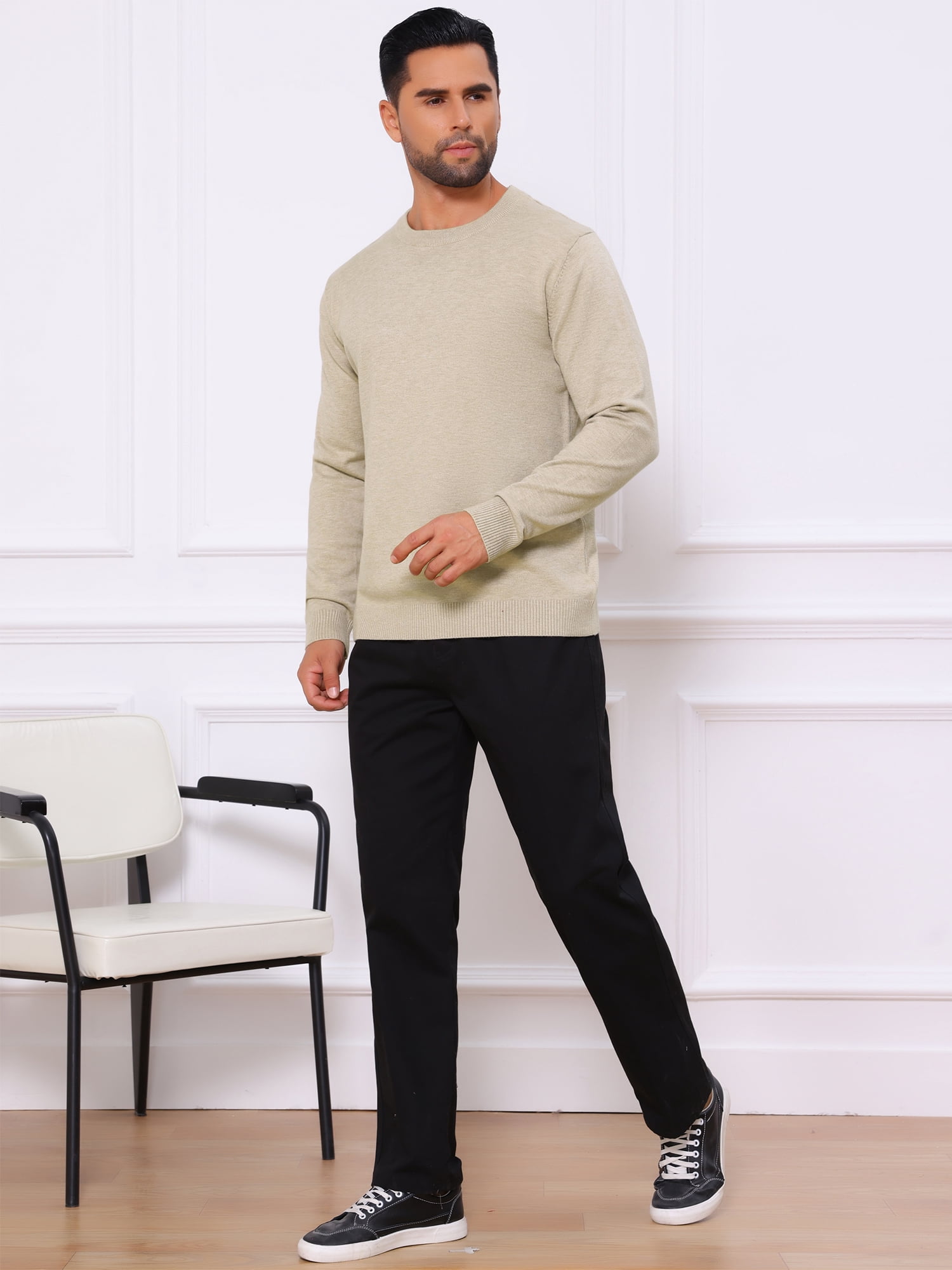 DARING DIVA Men's Solid Crew Neck Long Sleeve Soft Knit Pullover Sweater M Khaki