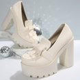 thumbnail image 4 of Gpaecead Women Bow Tassel Chunky Hight Heel Loafer Faux Leather Summer Outdoor Platform Non Slip Comfort Shoes, Beige, 4 of 7