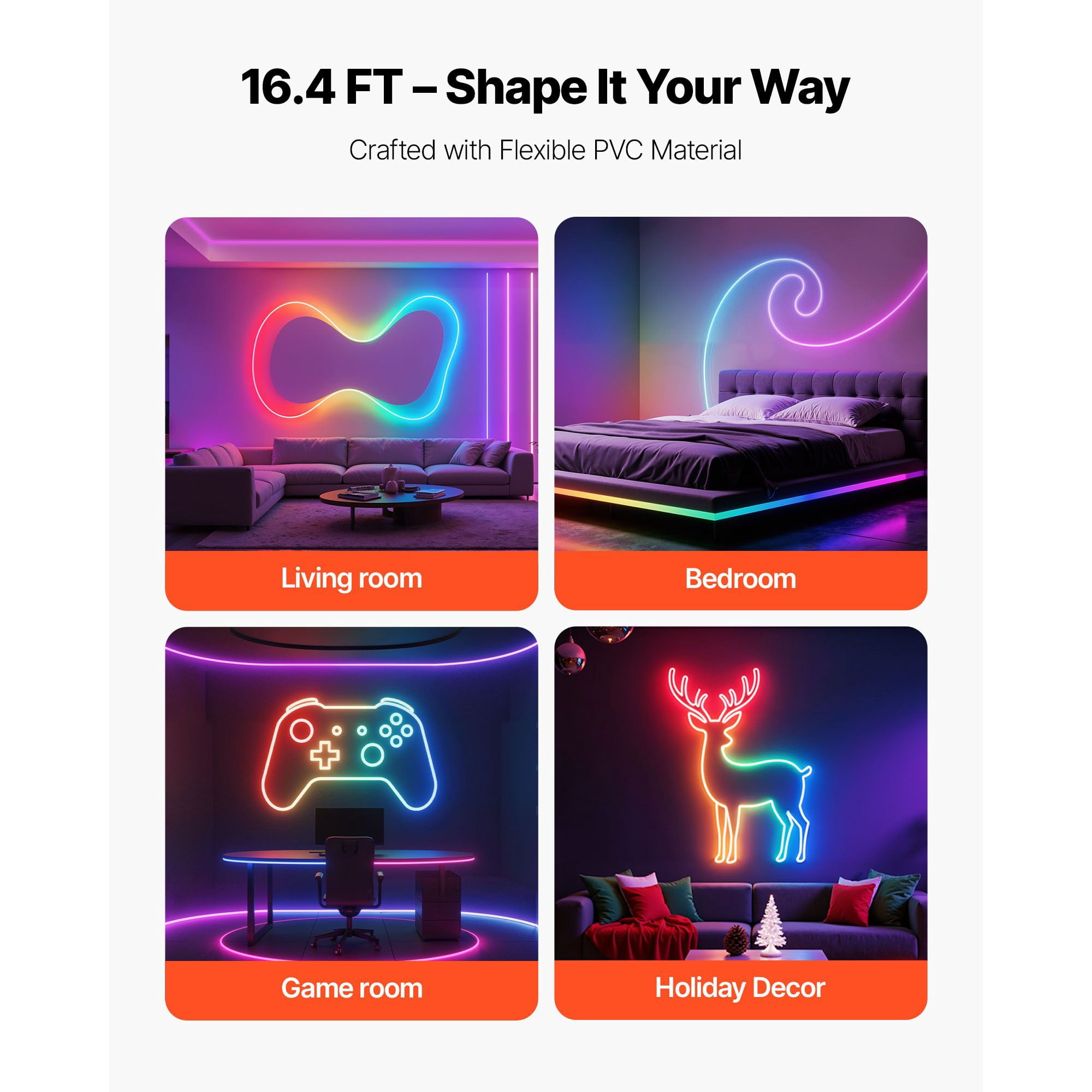 RGB-IC Neon Rope Light 16.4ft, 72 LEDs/m with 20 Controllable Segments, Music Sync Mode, Alexa and Google Assistant Compatible, IP65, Flexible PVC for Bedroom Decor