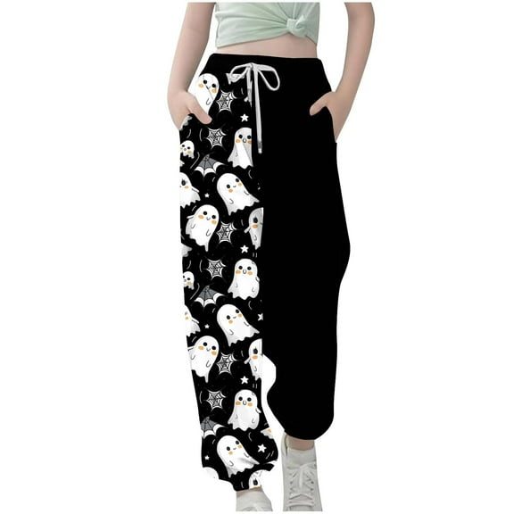 bbymog Children's Jogger Pants Elastic Waist Drawstring Sweatpants Loose Halloween Costumes Cute Print Casual Pants with Pockets Black 9-10Years
