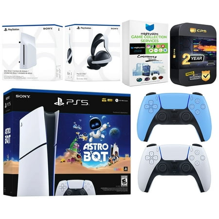 Sony PlayStation 5 Slim Digital Astro Bot Bundle with Disc Drive, Extra Controller, MightySkins Voucher and 2 Year Extended Warranty - Starlight Blue