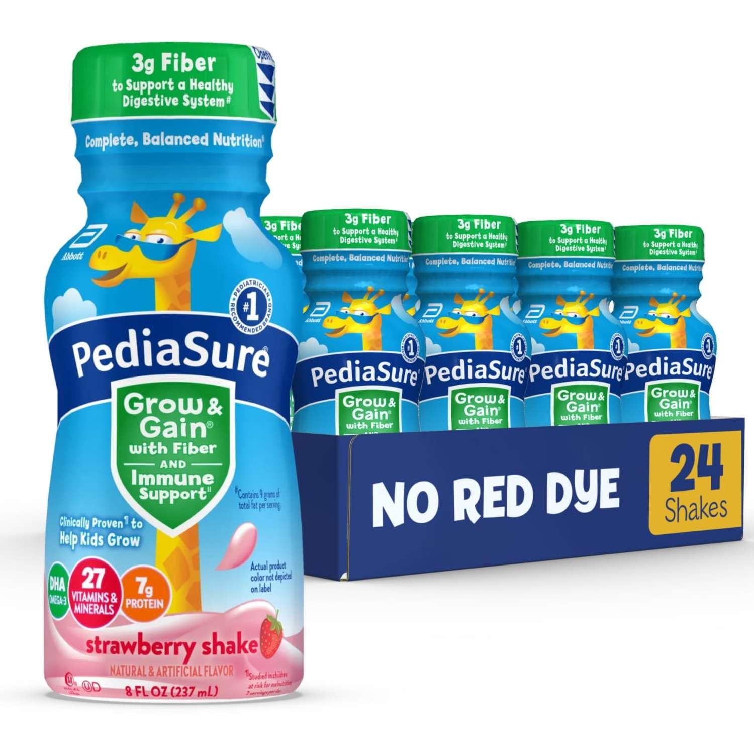 PediaSure Grow & Gain with Fiber & Immune Support, Strawberry, 8-fl-oz Bottle, Pack of 24