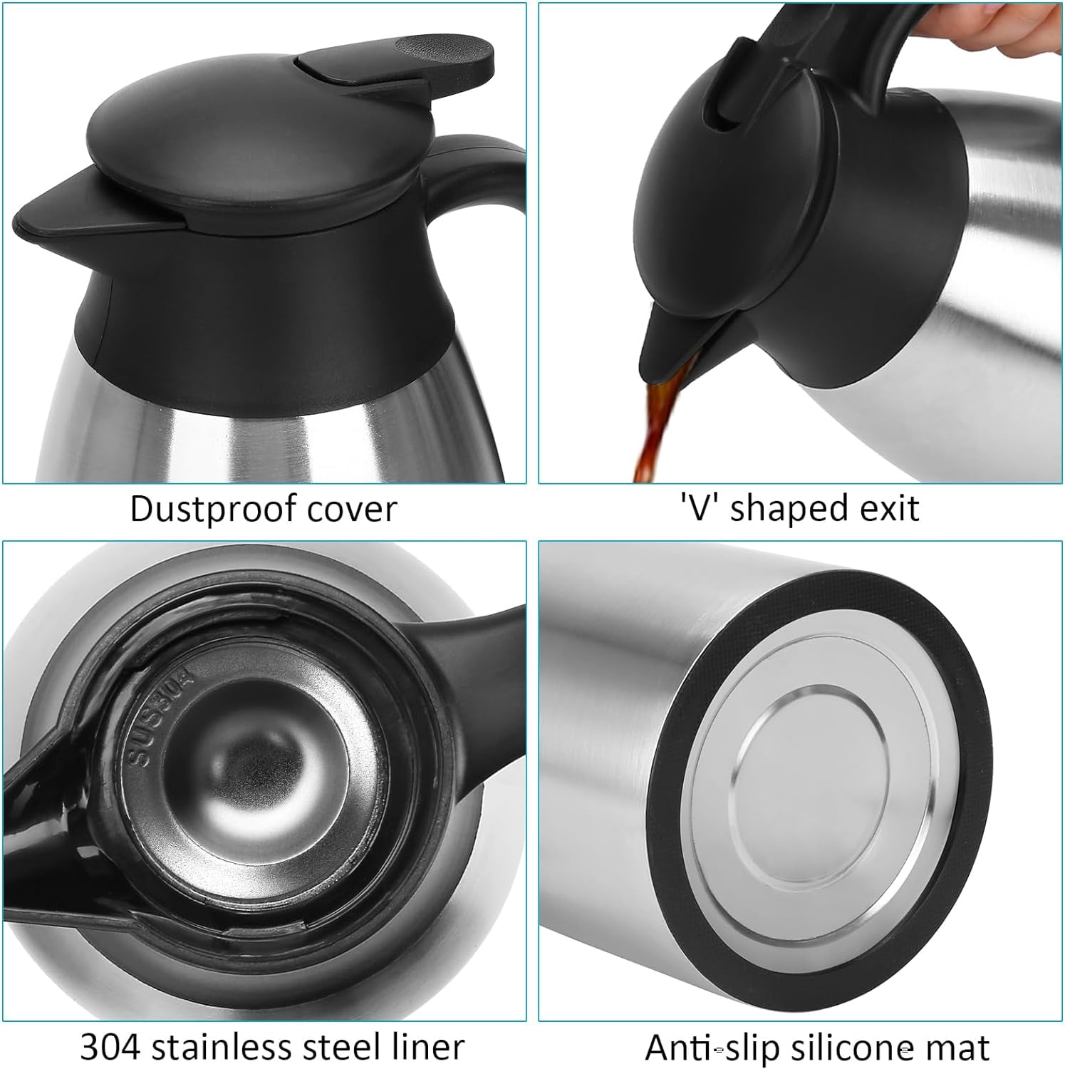 Flantor 2L Thermal Coffee Carafe Insulated Stainless Steel Double Wall Vacuum Thermos Thermal Flask Coffee Dispenser Keeping Coffee Water and Tea Hot 12 Hours Cold 24 Hours