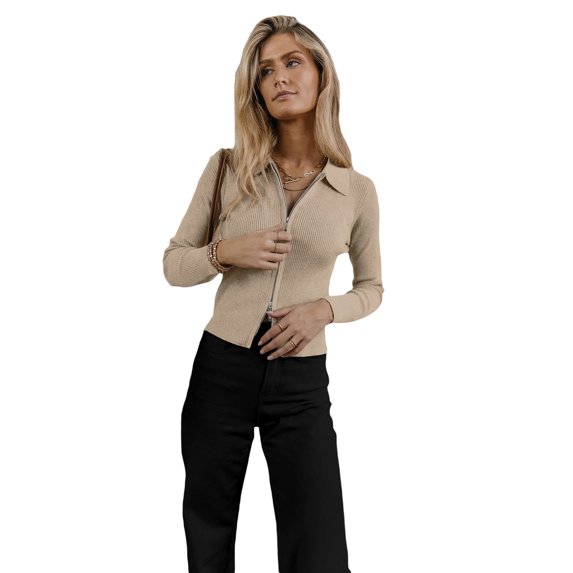 Seyurigaoka Chic Knit Cardigan for Women Fall Spring Casual Solid Color Long Sleeve Turn Down Collar Zipper Slim Fit Ribbed Clothes Outwear