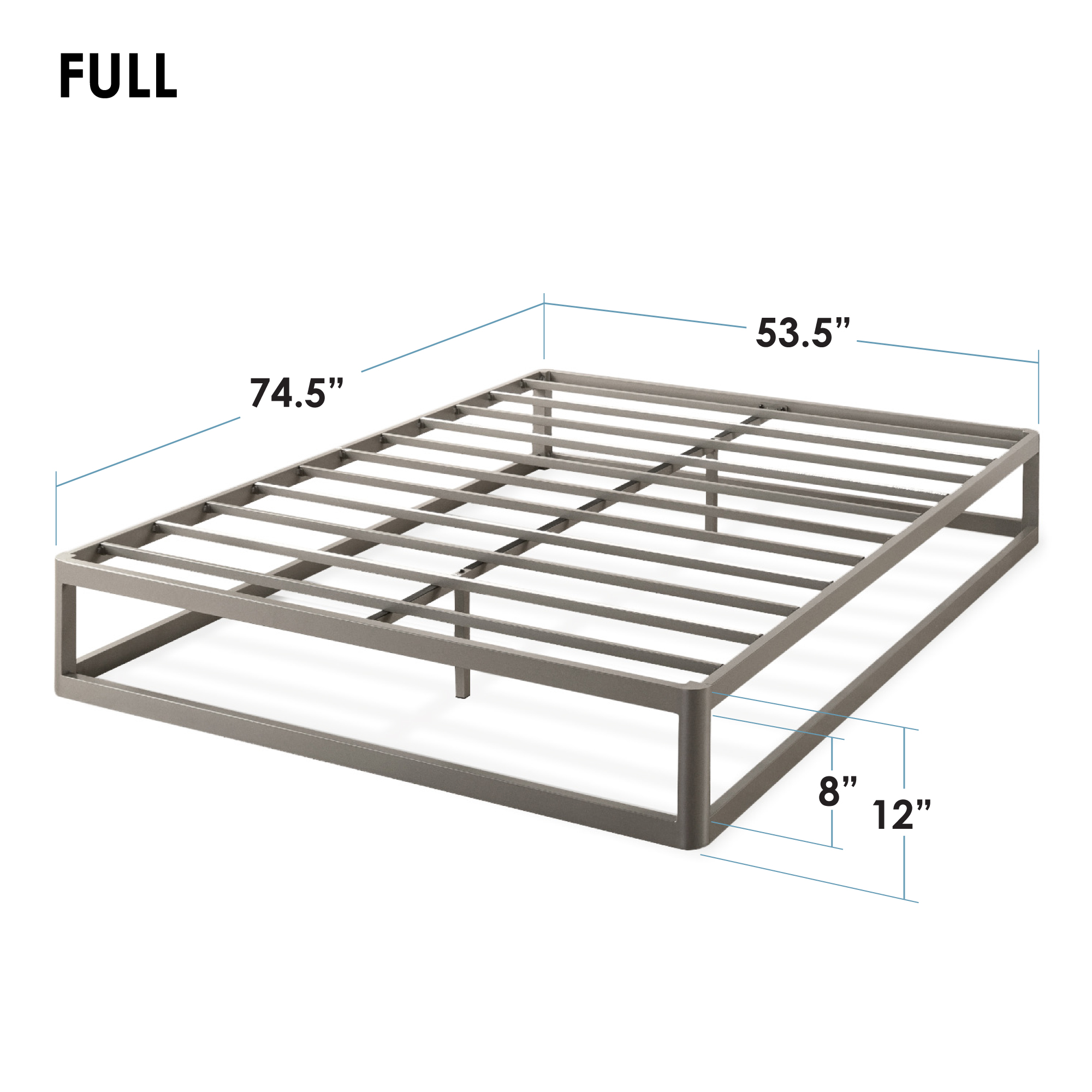 Mellow Ace of Base 12" Metal Platform Bed with Steel Slats, Champagne Grey, Full