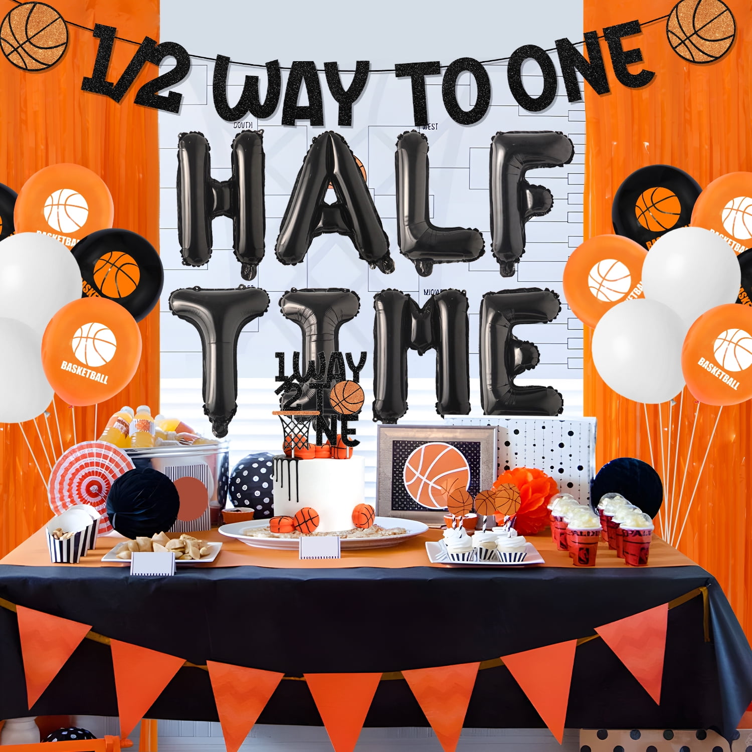 41Pcs Basketball Half Birthday Decorations 1/2 Way to One Banner Cake Topper Foil Curtain Half Time Basketball Foil Balloons Orange Black Latex Balloons for Boy Sports 6 Months Birthday Supplies