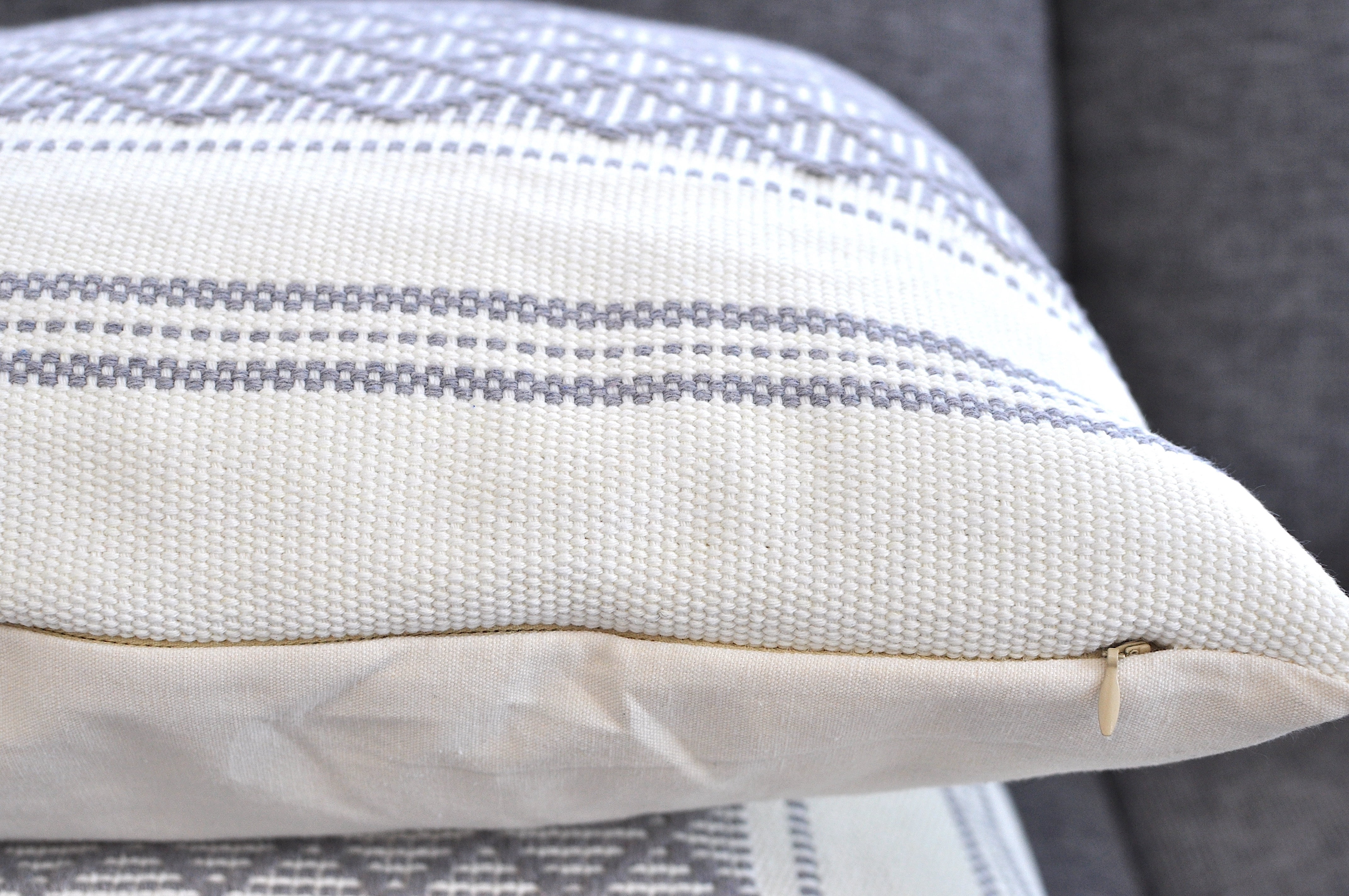 Cotton Woven Designer Throw Pillow Cover, Grey and Cream White, 16 x 16 inches | Square Gray Cushion Covers with Geometric Design Set of 2