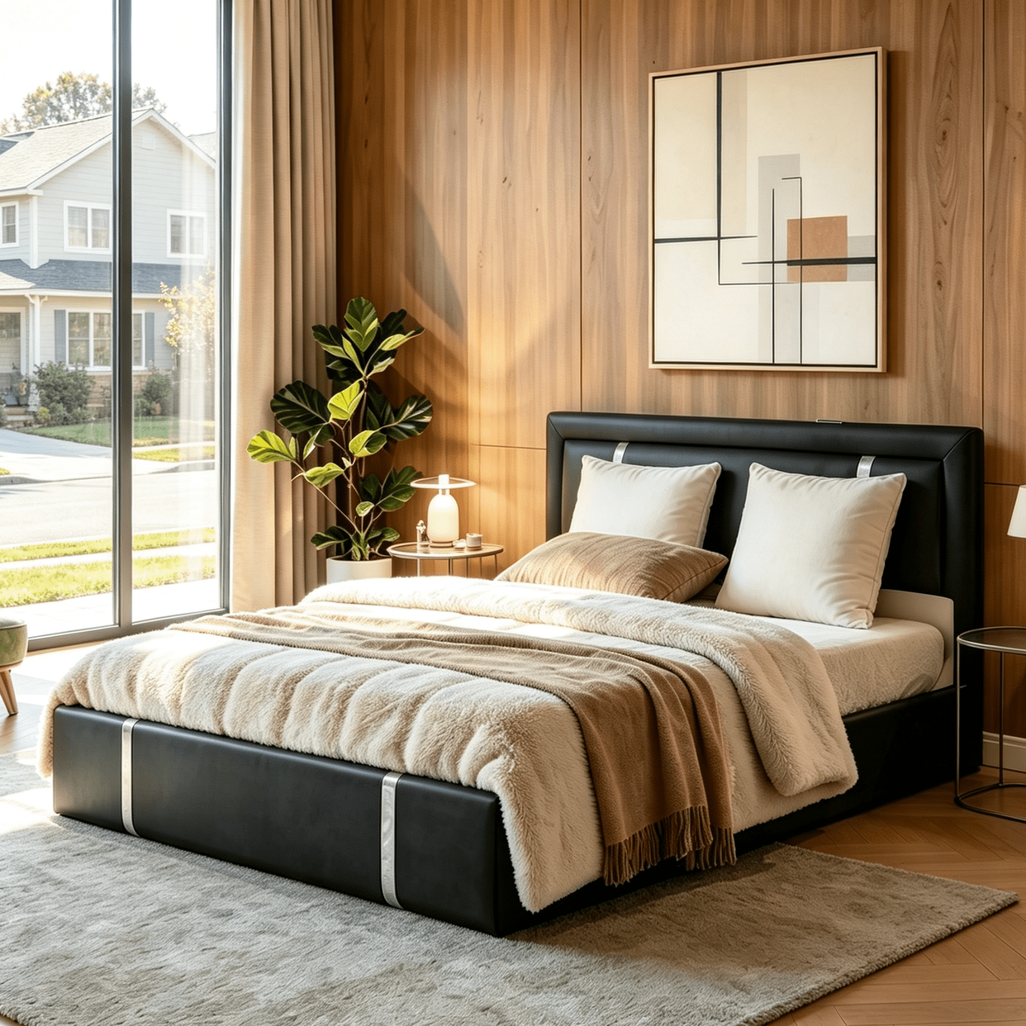 Gewnee Queen Size Lift Up Storage Bed,Faux Leather Upholstered Platform Bed with Adjustable Headboard and Charging Ports,LED Bed Frame with Hydraulic Support.Black