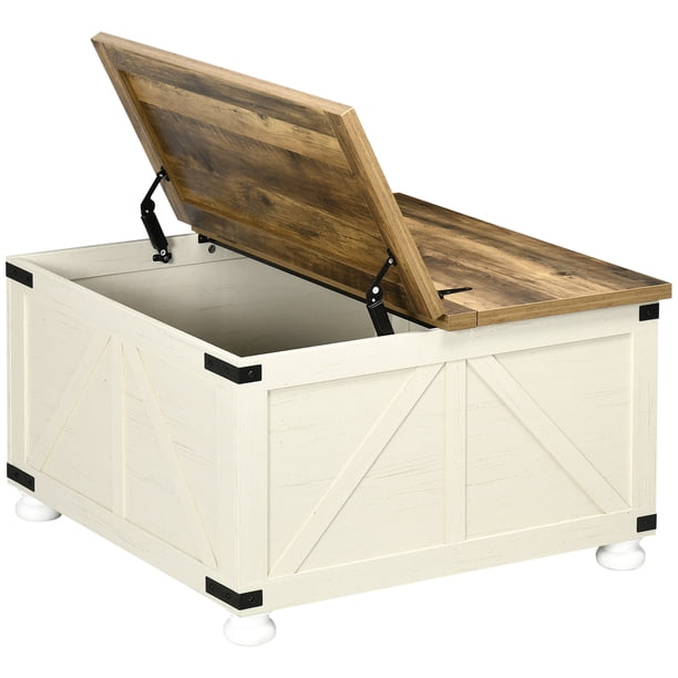 HOMCOM Farmhouse Coffee Table with Storage, Large Square Coffee Table - Walmart.com
