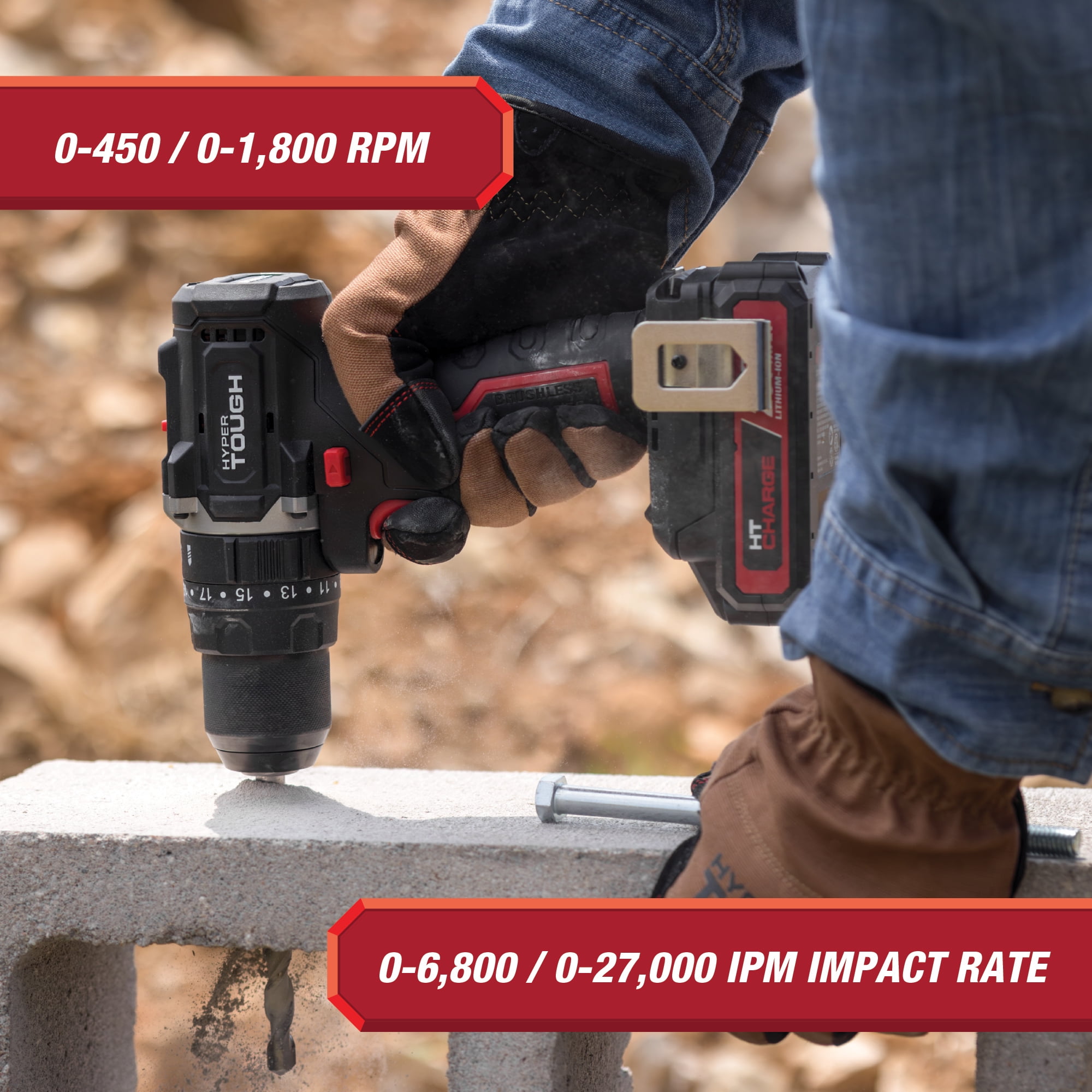 Hyper Tough 20V Max Brushless 2-Speed Cordless Hammer Drill with 1.5Ah Lithium-Ion Battery and Charger