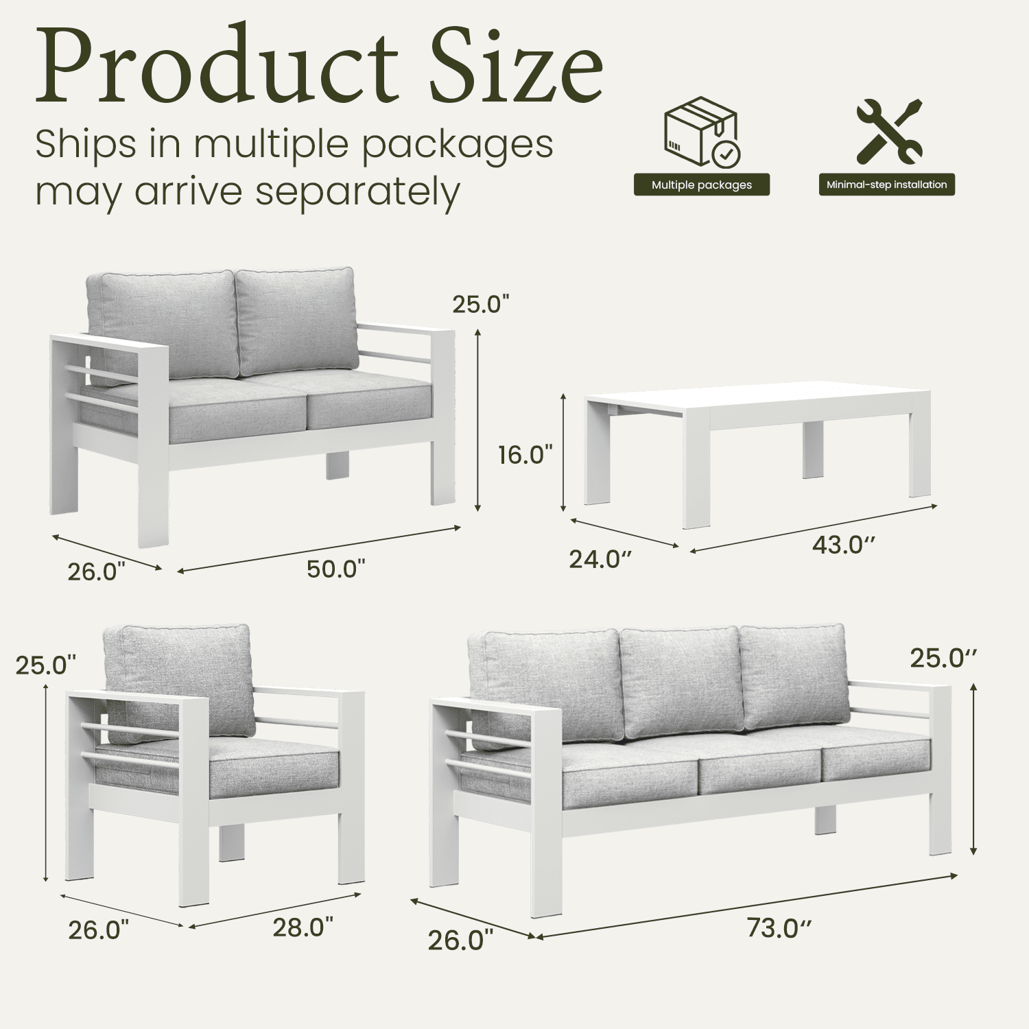 LayinSun 5 Piece Hight Back Aluminum Outdoor Furniture Set with Coffee Table, Modern Patio Conversation Sets