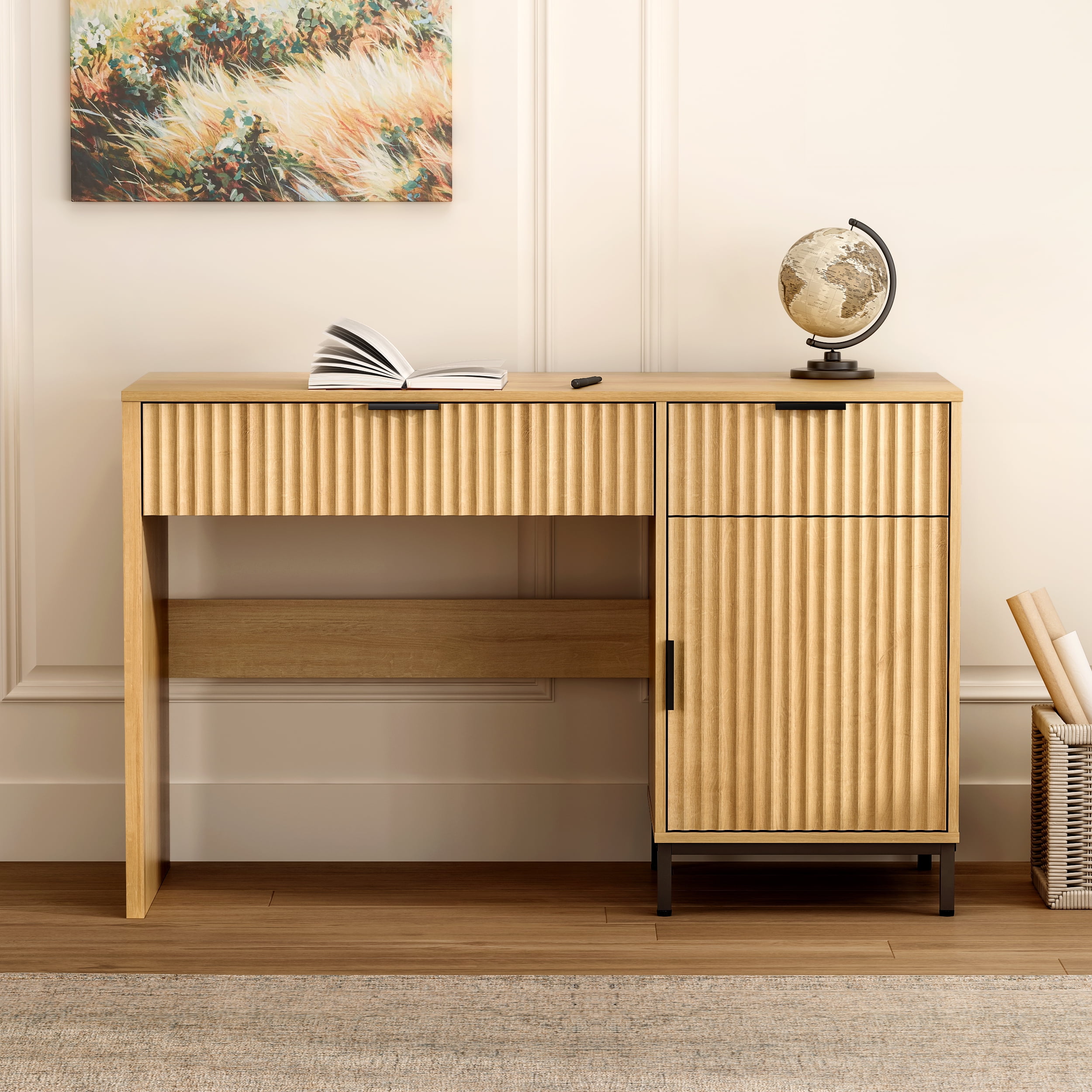 EYYTHUNG 47" Fluted Executive Desk, Modern Wood Home Office Desk with Charging Station, Drawer & Cabinet, Computer Writing Desk
