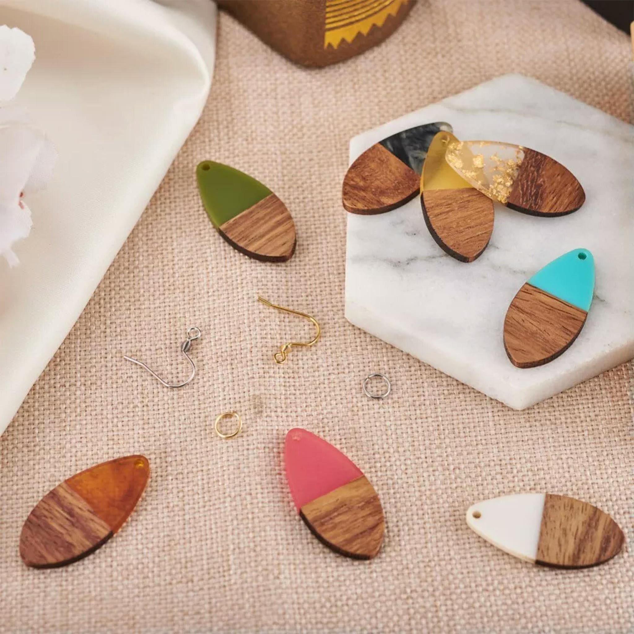 U8MO 1 Box Resin Wood Pendants Earring Hooks DIY Teardrop Dangle Earrings Making Kit