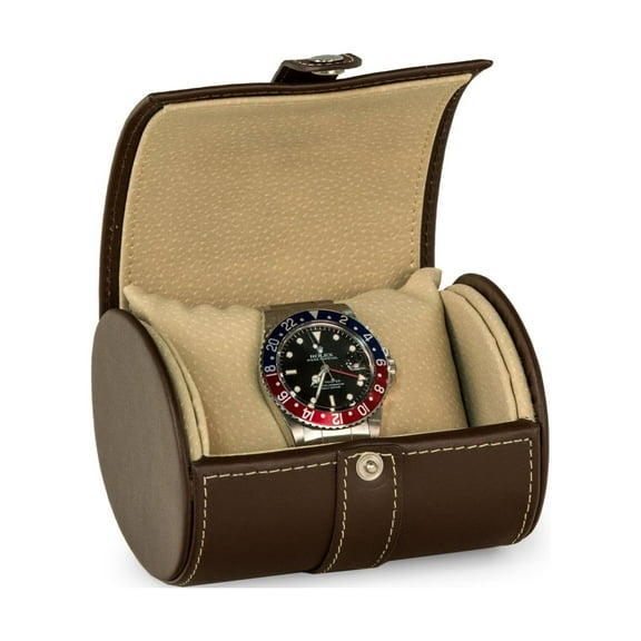 Brown Leather Single Watch Travel Case with Snap Closure