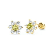 Wellingsale 14K Yellow Gold Polished Flower Birth CZ Cubic Zirconia Stone Stud Earrings With Screw Back - August