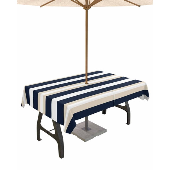 Hokiten Outdoor Tablecloths with Umbrella Hole & Zipper, Khaki Navy Blue Striped 54x80 Inch Tablecloth Rectangle, Farmhouse Abstract Lines Art Waterproof Table Cloth, Patio/Pool/Picnic Table Covers