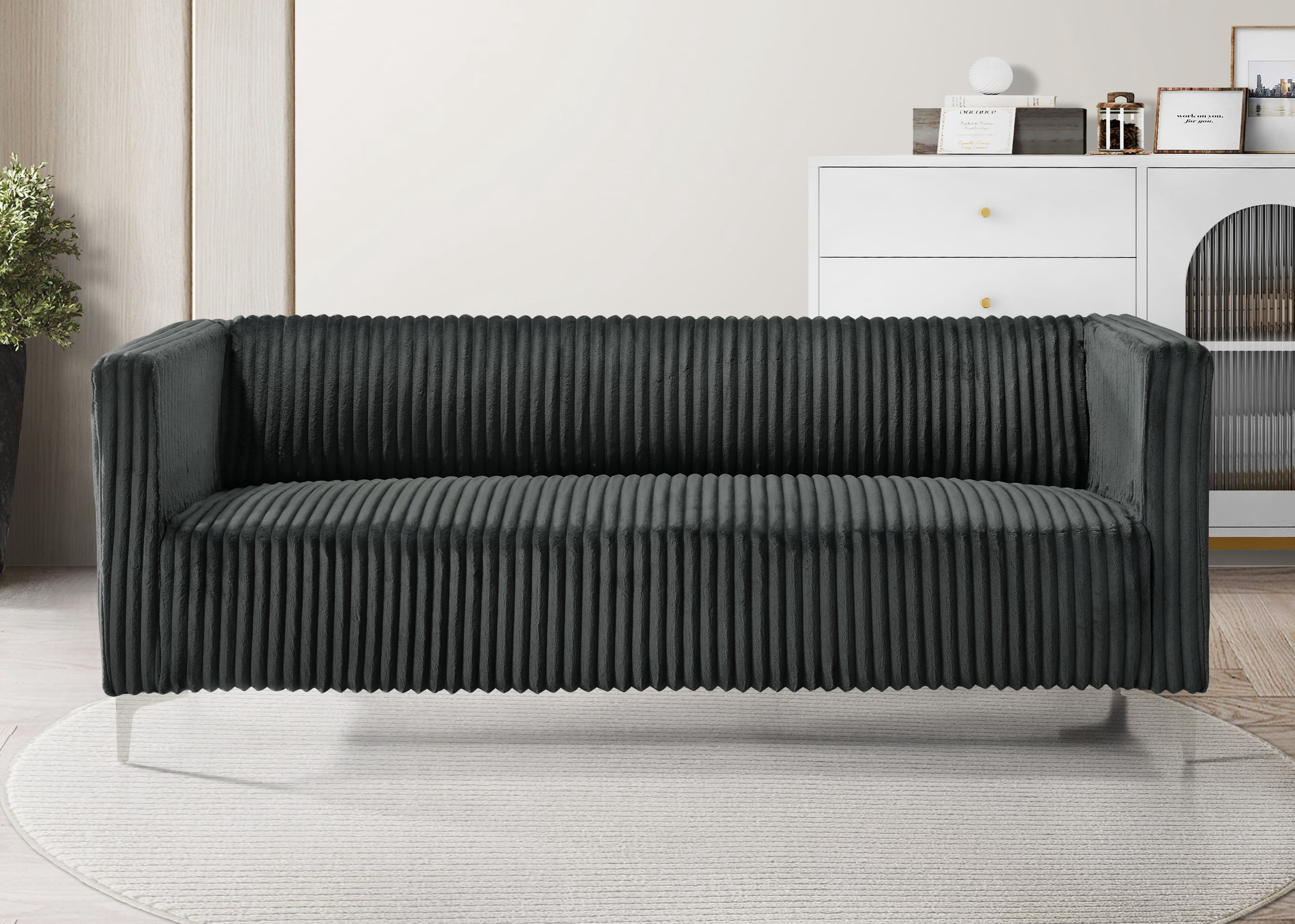 Home Design Gavin Velvet Square Arm Sofa with Plush Cushions and Modern Upholstery, Durable Frame for Living Room, Contemporary Gray Design