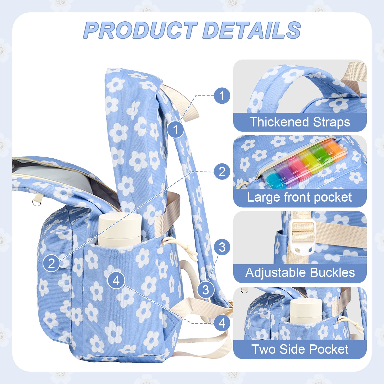 DAKIMOE School Backpack for Teen Girls Bookbags Elementary High School Corduroy Laptop Bags Women Travel Daypacks Middle School College Big Blue Flower