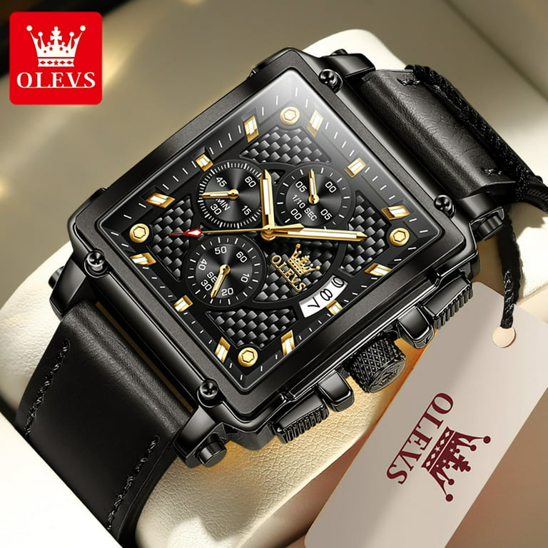 Olevs Square Watches for Men Brown Leather Chronograph Fashion Business Watch Luminous Waterproof Casual Quartz Wrist Watches, Men's, Size: One size