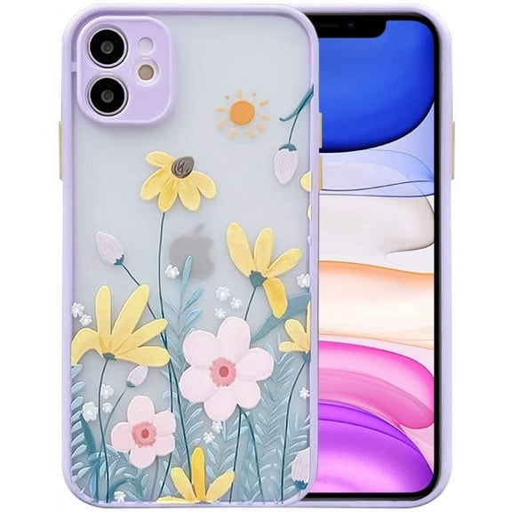 Compatible with iPhone 12 Mini Case 5.4 Inch for Clear Flowers Pattern Frosted PC Back 3D Floral Girls Woman and Soft TPU Shockproof Protective Silicone Slim Case for iPhone 12 Mini-Purple