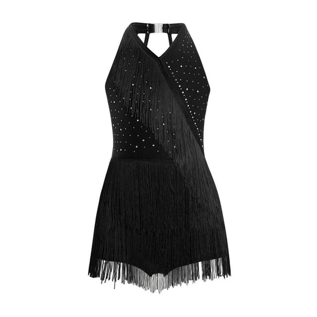 Ocealan Robe de Danse Latine Jazz pour Filles Enfants Costume de Danse Tango Rumba Samba Brillant Justaucorps à Franges Noir 8