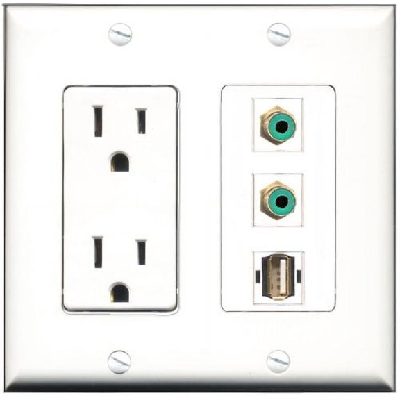 RiteAV - 15 Amp Power Outlet 2 Port RCA Green 1 Port USB A-A Decorative Wall Plate