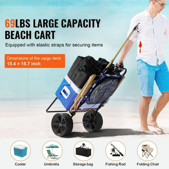 Beach Dolly with Big Wheels for Sand - 15.4" x 15.7" Cargo Deck, 10" PE Solid Wheels, 69LBS Load Capacity Folding Sand Cart for Picnic, Camping, Fishing, Beach, Gardening