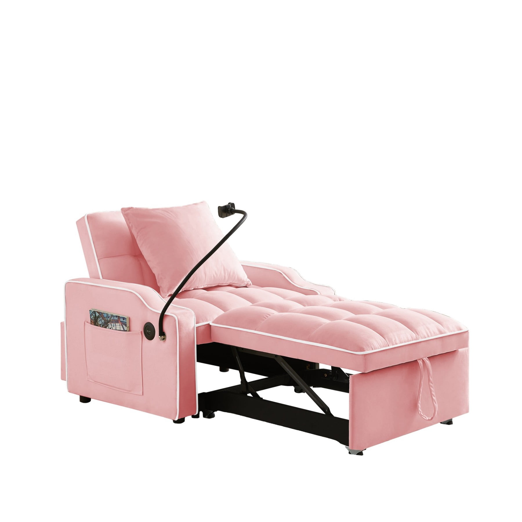 3-in-1 Sleeper Sofa Chair Bed with USB & Type-C, Adjustable Velvet Recliner Couch for Small Spaces, Pink