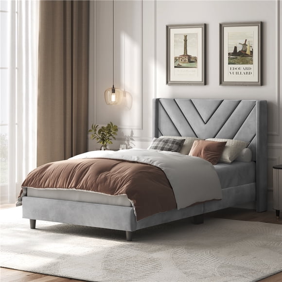 Yaheetech Upholstered Platform Bed Frame with Tufted Headboard, Twin, Light Gray