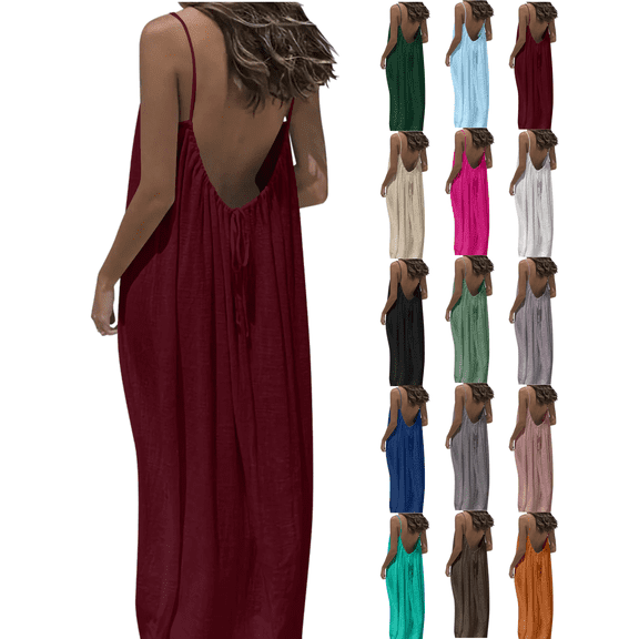 Xdegoge Sundresses for Women Casual Beach Spaghetti Strap Open Back Flowy Bohemian Maxi Dress Loose Long Sun Dresses Sleeveless Pleated Backless Summer Resort Wear